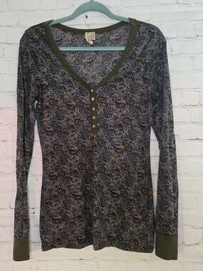 Y2k BKE Green Paisley Thin Henley Sz Lg Soft Grunge Goblincore Whimsygoth